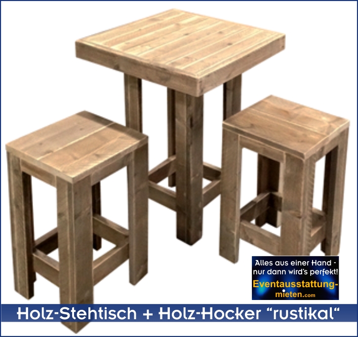 Holz-Stehtisch mit 2 Holz-Sitz-Hockern, einfache Ausführung