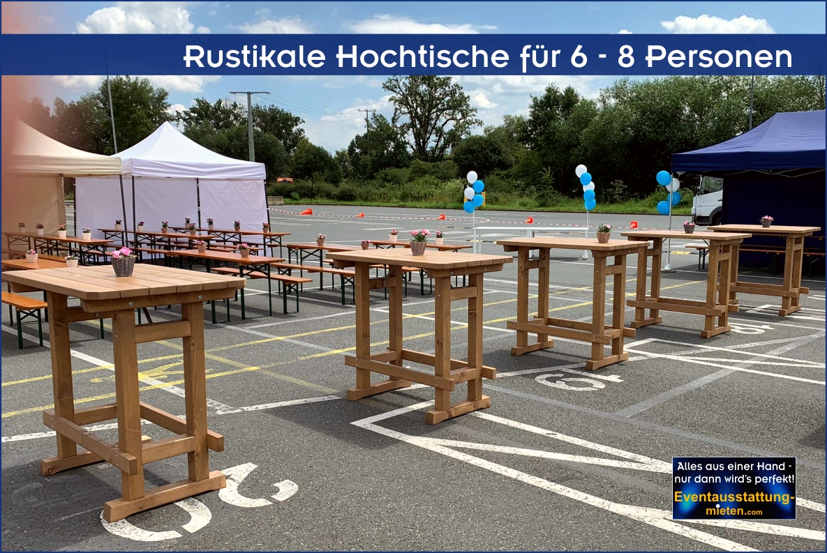 Massivholz-Hochtische für 6-8 Personen beim AMAZON Sommerfest mit Tischdeko.