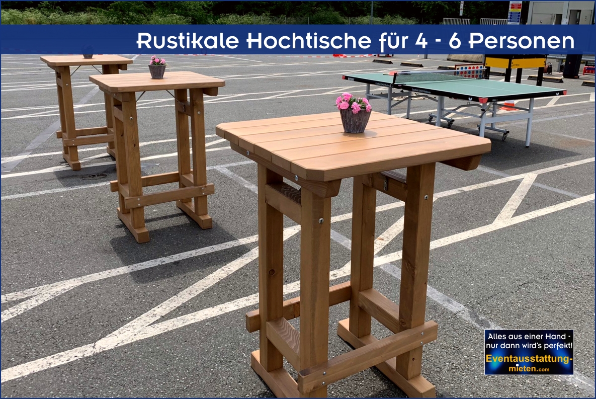 Massivholz-Hochtische für 4-6 Personen beim AMAZON Sommerfest mit Tischdeko.