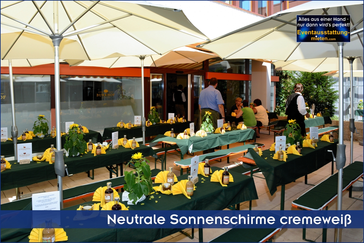 Weiße Glatz-Sonnenschirme in Kombination mit Biertischgarnituren und grünen Sitzpolstern