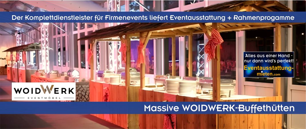 Altholz-Buffethütten der Collection WOIDWERK als Food-Stationen bei einem Indoor-Event in Bayern gemiete