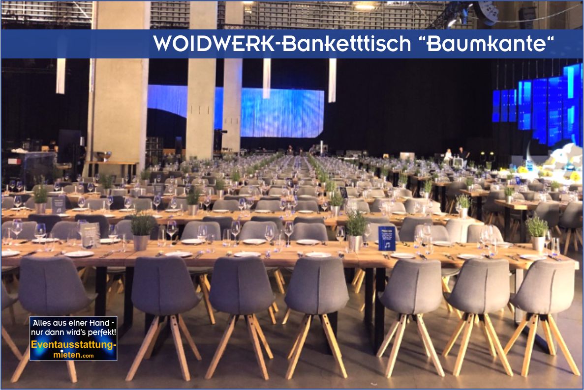 WOIDWERK-Banketttisch eckig mit Baumkante für Großveranstaltungen mieten