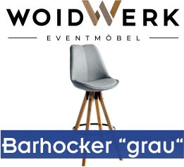 Eleganter WOIDWERK Mietmöbel Barhocker in Grau mit Holzbeinen und komfortabler Sitzschale für Events in Bayern.